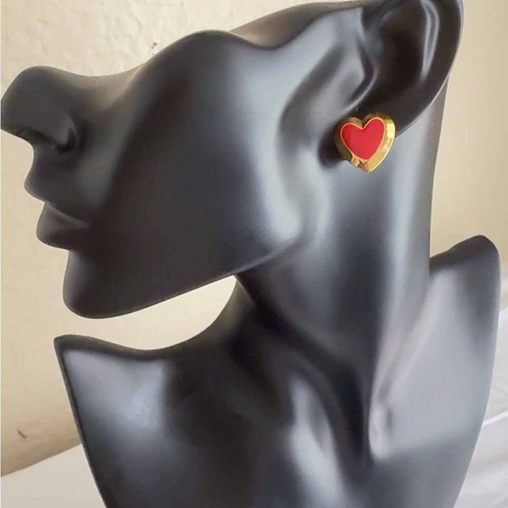 Gold Tone Red Heart Statement Stud Earrings Vintage Style